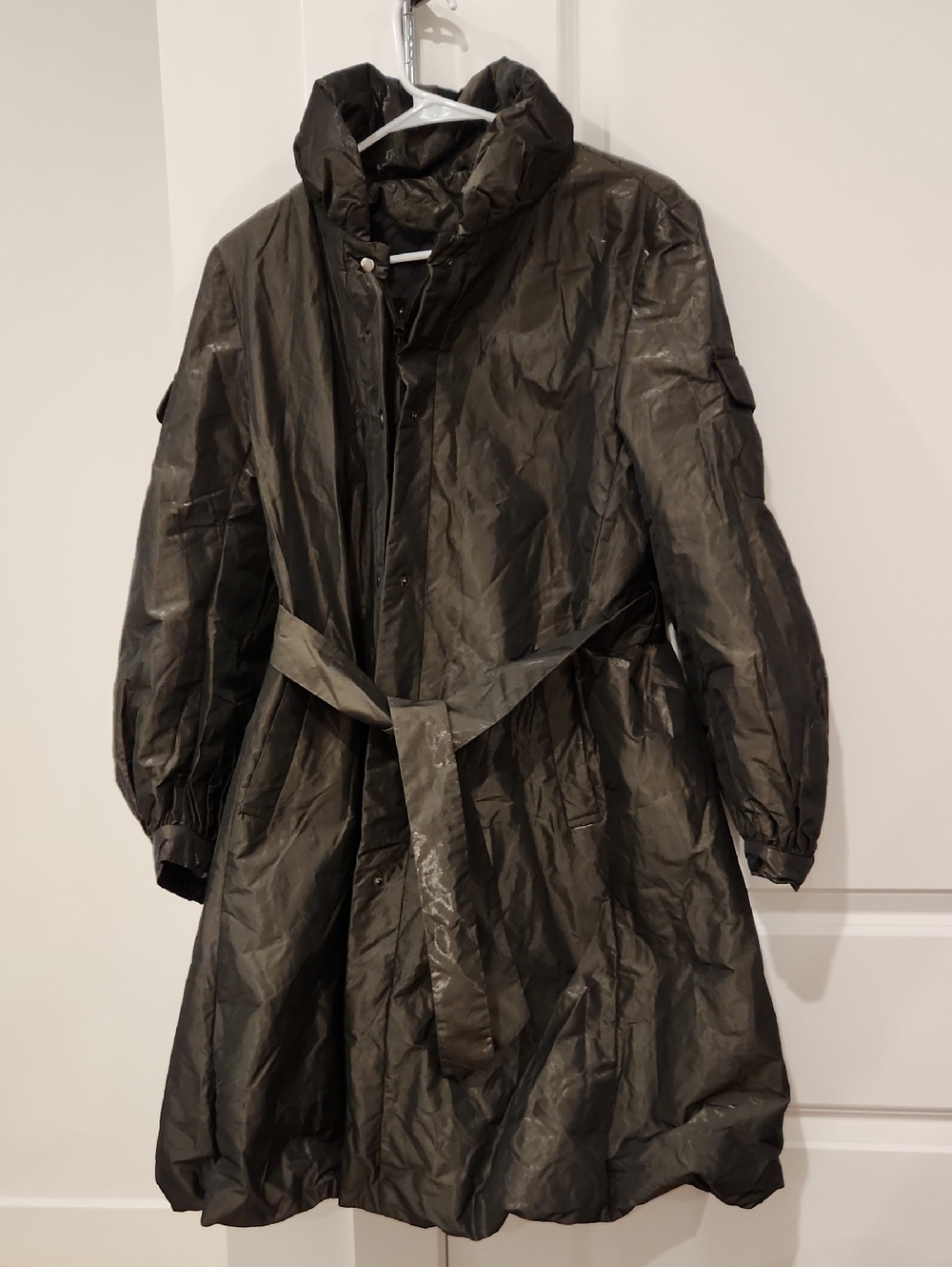 NWOT Shiny Coating Black Belted Lightweight Trench Coat